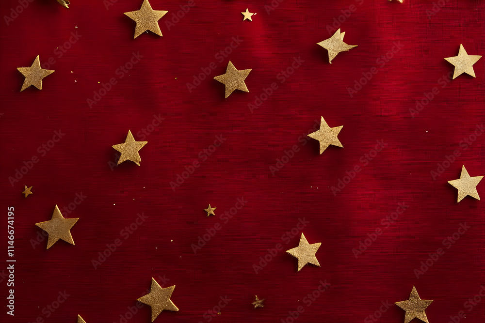 A red fabric background adorned with scattered gold stars, creating a festive atmosphere. A red fabric background adorned with scattered gold stars, creating a festive atmosphere.