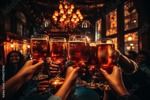 CGroup of friends toasting with glasses of beer at bar or pub photo