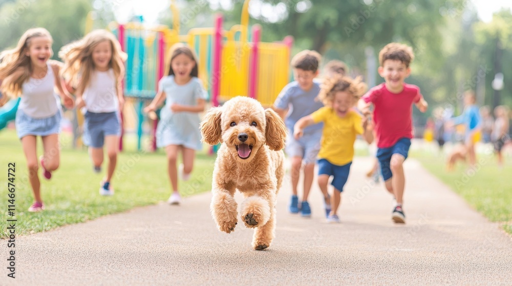 A joyful dog runs with children in a vibrant park, capturing the essence of playfulness and friendship. A joyful dog runs with children in a vibrant park, capturing the essence of playfulness and friendship.