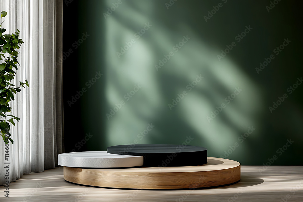 Elegant Wooden Display Platform with Black and White Circles Elegant Wooden Display Platform with Black and White Circles