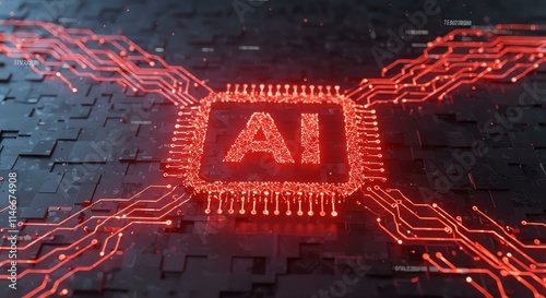 AI Technology Futuristic Red Circuit Board with glowing AI
