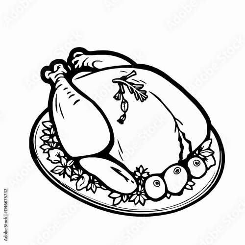 roasted turkey outline vector illustration with garnish on platter