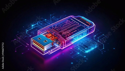 A neon-colored flash drive showcases advanced firefly technology on a dark backdrop