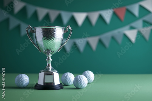 A silver trophy cup with a subtle golf ball texture is placed centrally on a clean green surface. 