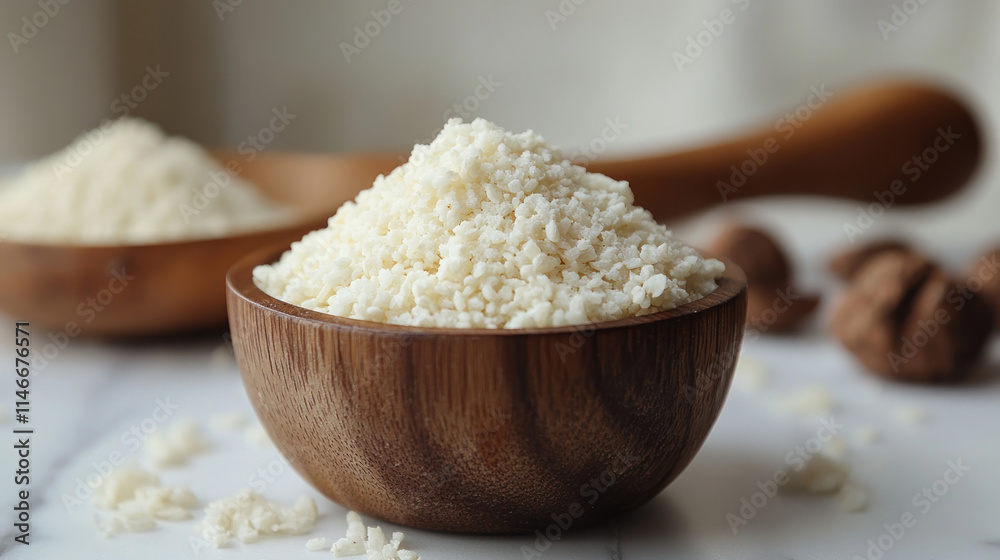 Close-up of shredded coconut in wooden bowl. Close-up of shredded coconut in wooden bowl.