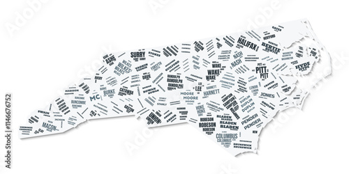 North Carolina shape text cloud. State border with shadow on white background. North Carolina with counties division in vintage gazette style. Awesome vector illustration.