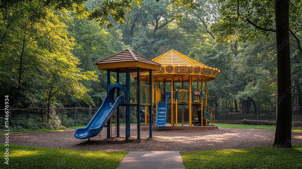Naklejka premium Colorful children's playground in a park with lush green trees.