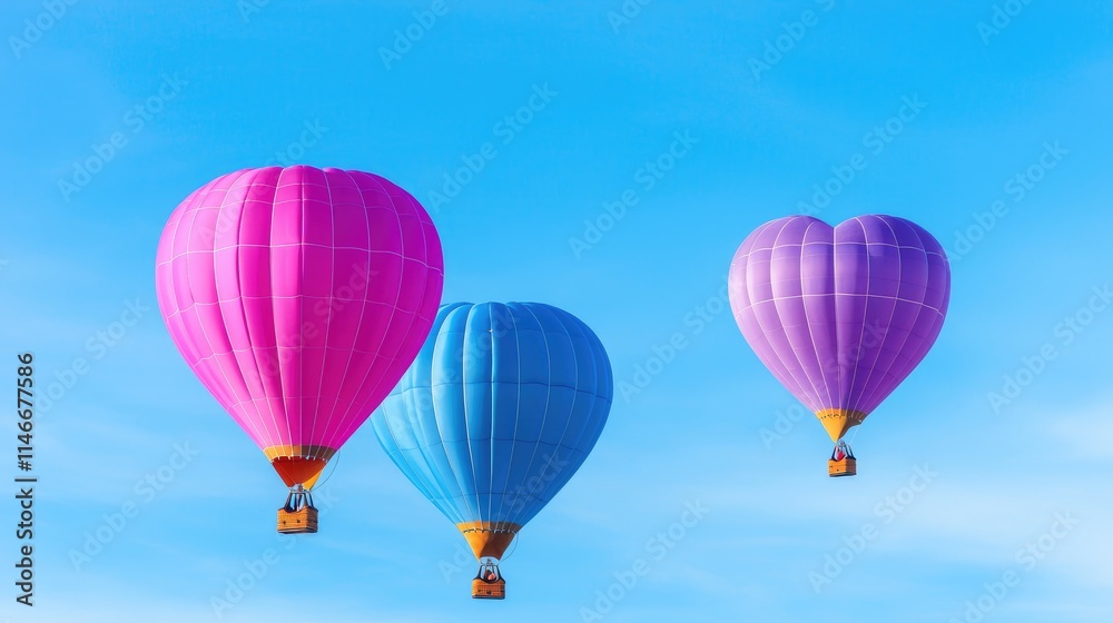 Obraz premium Three hot air balloons, pink, purple, and blue, soar against a vibrant blue sky.