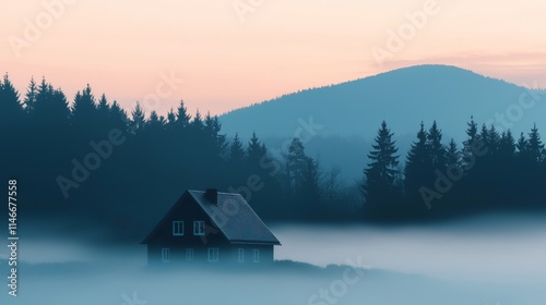 Serene Misty Morning House in Hilly Forest Landscape