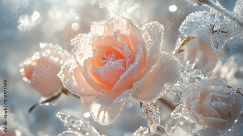 Close-up of frozen flowers under the warm winter sun