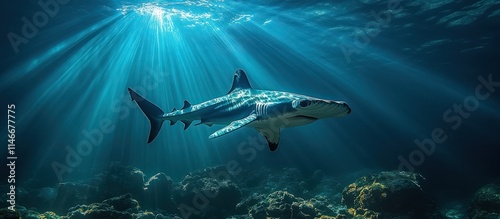 Wallpaper Mural Oceanic shark swimming in sunlit deep blue water above a seabed. Torontodigital.ca