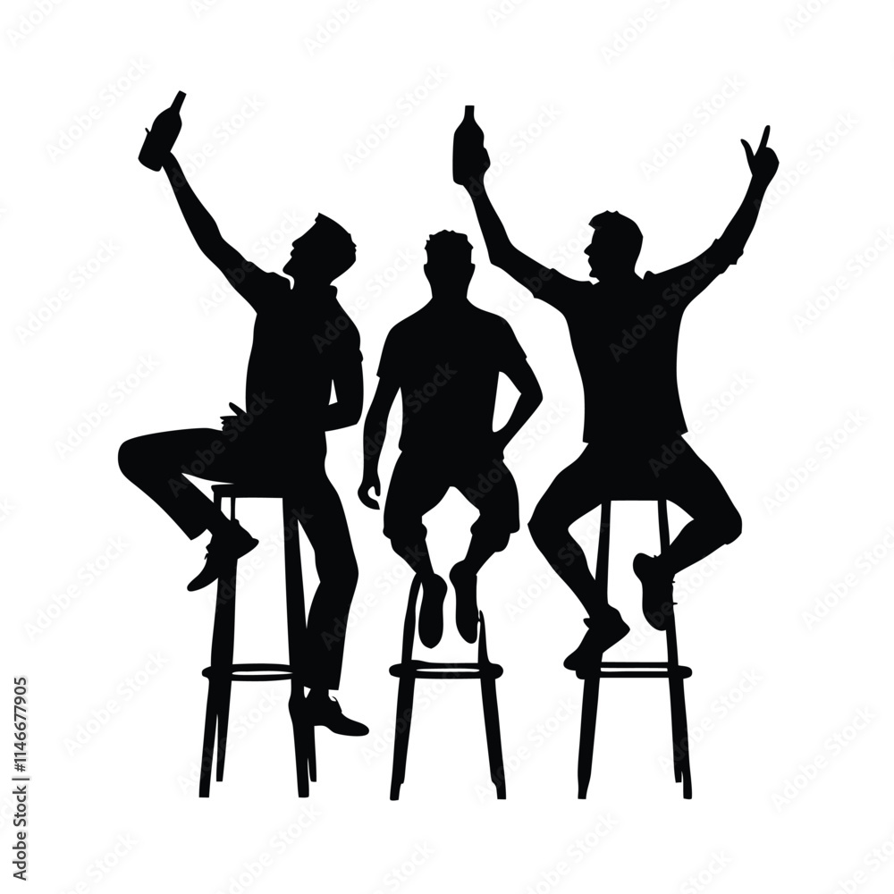 Fototapeta premium a black and white silhouette of three men sitting on stools with their arms raised in the air