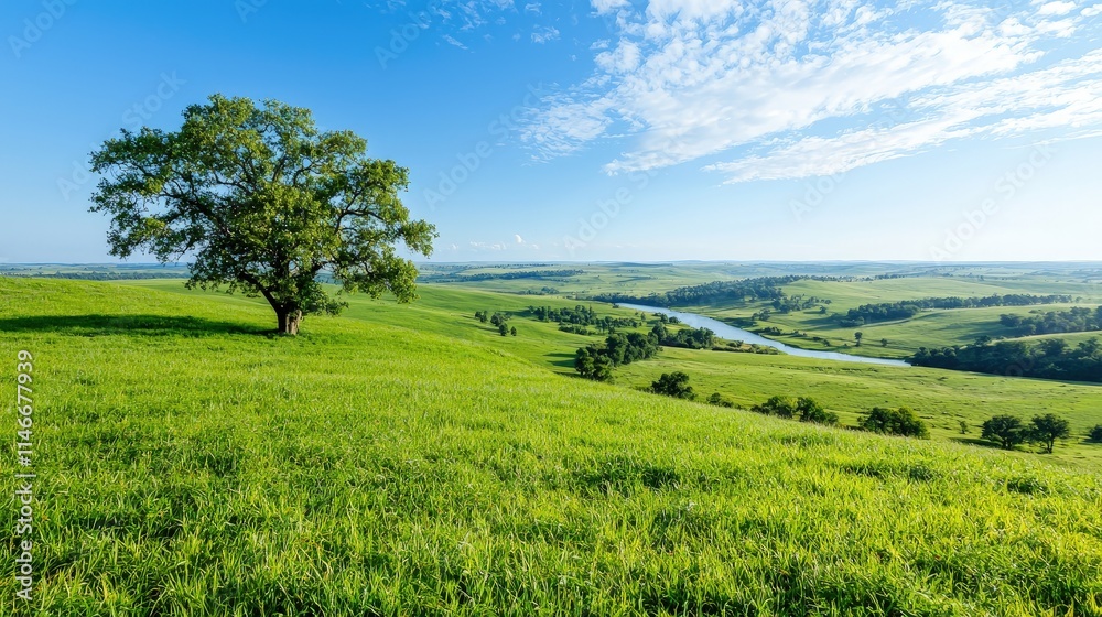 Lone tree on grassy hill overlooking river valley under blue sky. Lone tree on grassy hill overlooking river valley under blue sky.