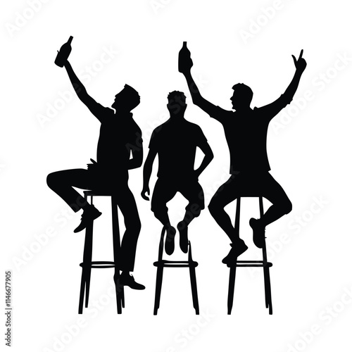 a black and white silhouette of three men sitting on stools with their arms raised in the air