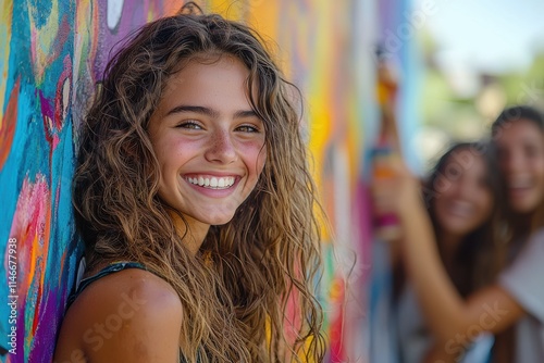 Smiling girl poses in front of vibrant mural with friends in bright, sunny setting during daytime. Generative AI