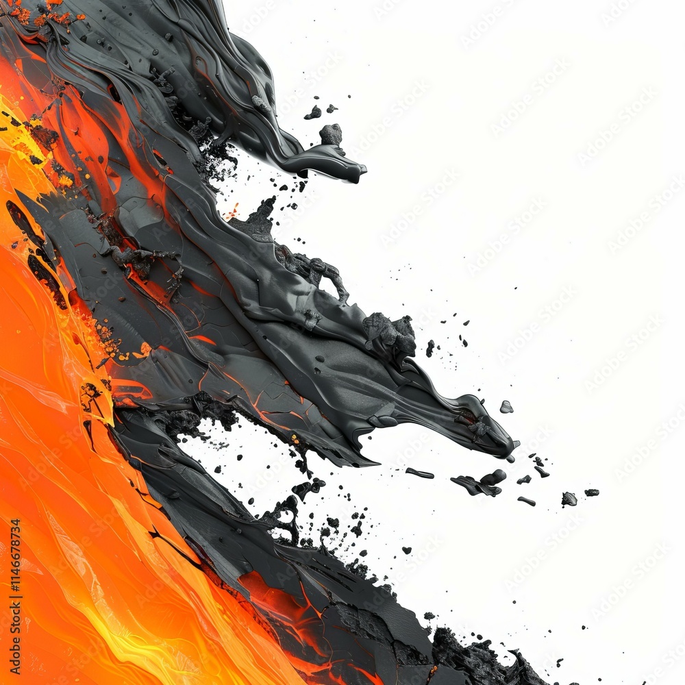 Abstract lava flowing and solidifying, creating a stark contrast against a white background Abstract lava flowing and solidifying, creating a stark contrast against a white background
