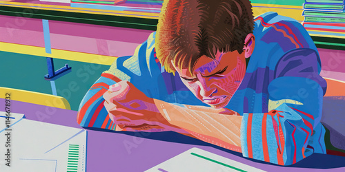 Stylized Illustration of a Person Studying at a Desk photo