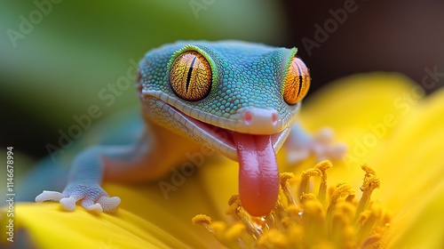 A close-up, high-resolution photo of a day gecko licking honey off a flower petal, its adorable face and tongue sharply detailed through a macro lens. photo