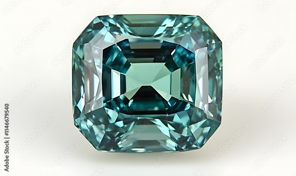 Square cut teal gemstone, facets shine. Square cut teal gemstone, facets shine.