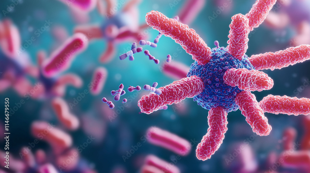 H5N1 avian influenza virus vaccine. Microscopic view of colorful bacteria with a vibrant, abstract background. H5N1 avian influenza virus vaccine. Microscopic view of colorful bacteria with a vibrant, abstract background.