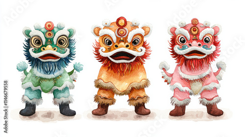 Three colorful lion dance costumes in watercolor art style, isolated design on white background
 photo