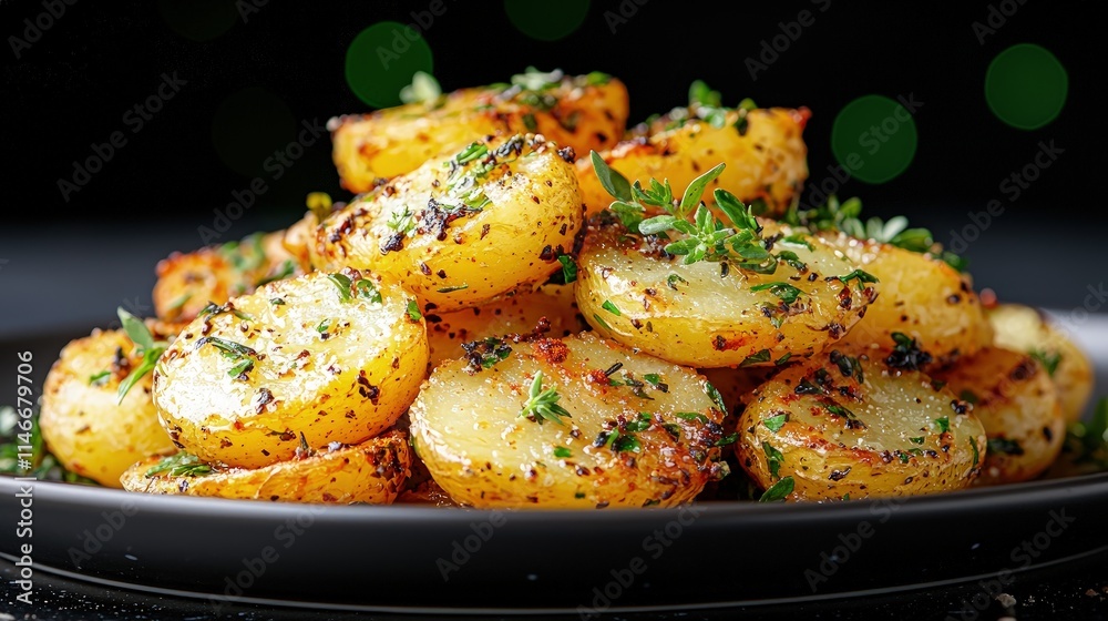Roasted potatoes with thyme on a dark plate. Roasted potatoes with thyme on a dark plate.