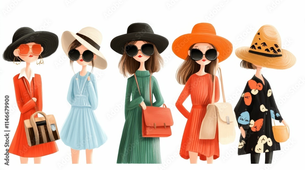 Five fashionable women, hats, sunglasses, bags.