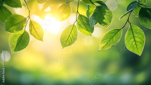 A close-up of morning dew on fresh green leaves, with the sunlight streaming through the foliage, creating a soft bokeh effect. photo