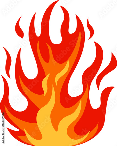 Rising high, vibrant red and orange cartoon flames create an energetic depiction of fire against a white background, capturing the intensity and warmth of burning elements