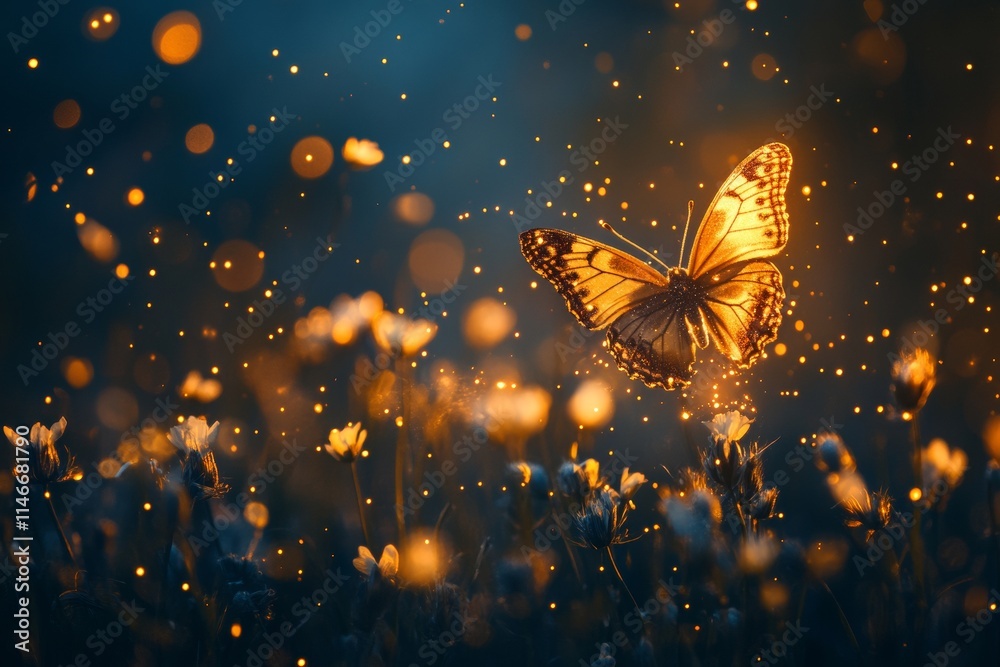 A glowing butterfly amidst flowers, creating a magical and serene atmosphere. A glowing butterfly amidst flowers, creating a magical and serene atmosphere.