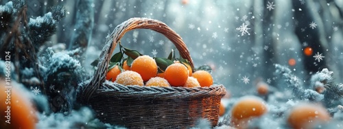 Basket with tangerines in a snowy forest. Selective focus.