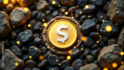 A shiny gold coin with a dollar symbol rests on dark, textured rocks, surrounded by sparkles. photo