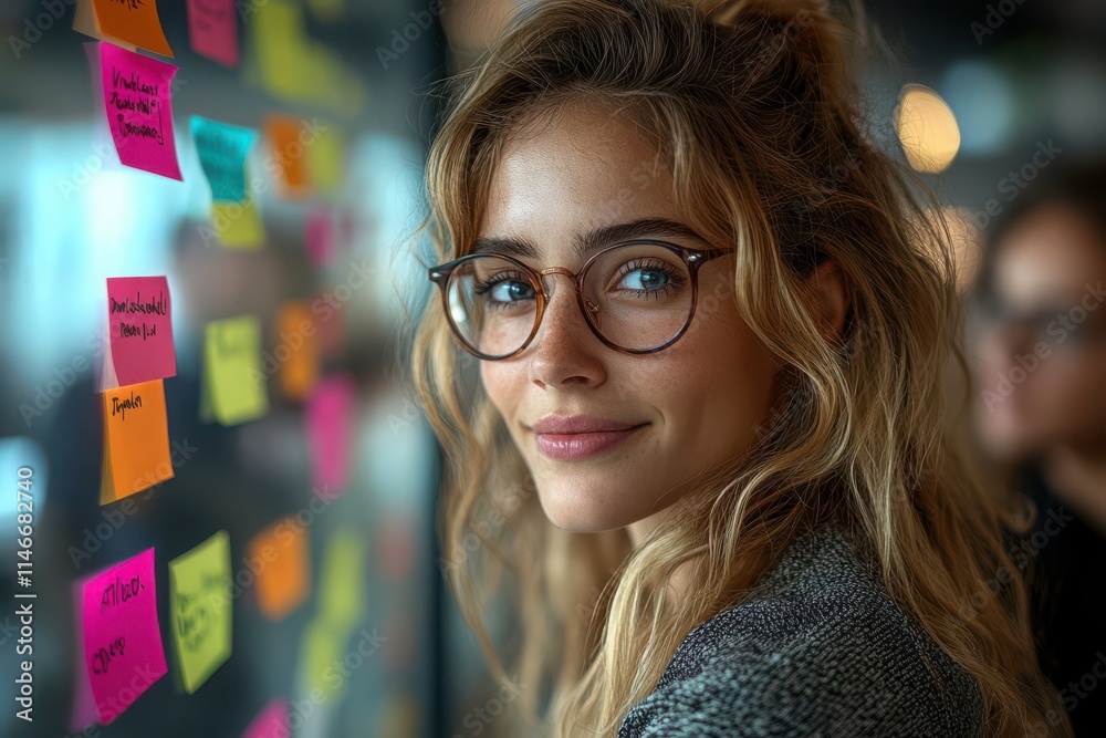 Young Woman with Glasses and Colorful Sticky Notes Young Woman with Glasses and Colorful Sticky Notes
