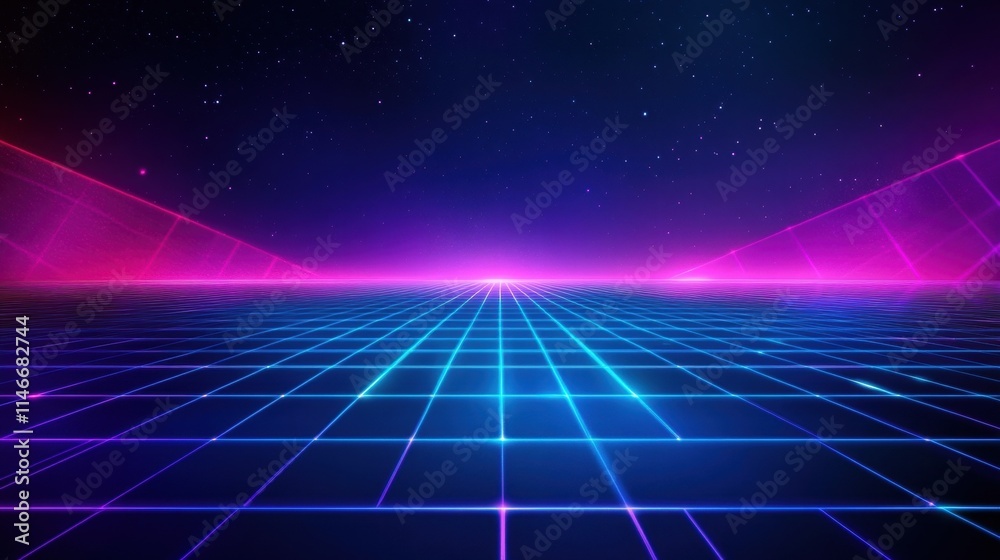 retro futuristic grid landscape 80s synthwave background neon li