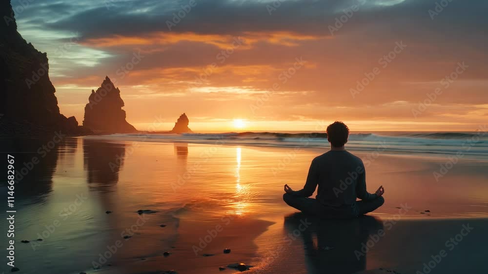 A man meditating on a serene beach at sunset, with gentle waves lapping at the shore and a colorful sky A man meditating on a serene beach at sunset, with gentle waves lapping at the shore and a colorful sky