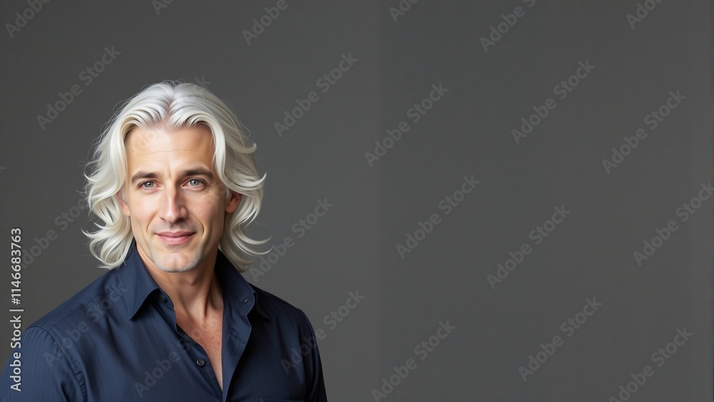 Confident middle-aged man with a charming smile wearing a dark shirt against a gray background Confident middle-aged man with a charming smile wearing a dark shirt against a gray background