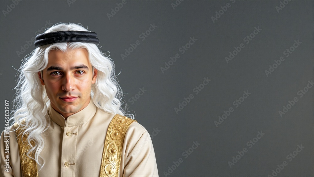 Fototapeta premium Arabic man with confident expression in traditional attire with gray background and copy space