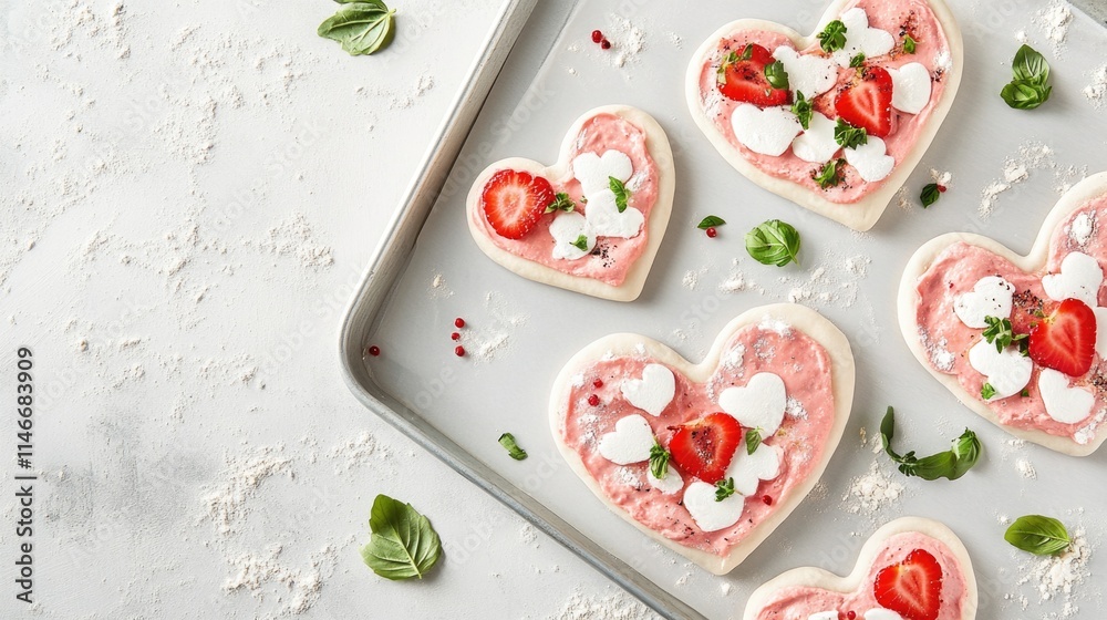 Heart-shaped strawberry pizzas with mint and basil toppings on baking tray. The 14th of February. Happy Valentine's Day Heart-shaped strawberry pizzas with mint and basil toppings on baking tray. The 14th of February. Happy Valentine's Day
