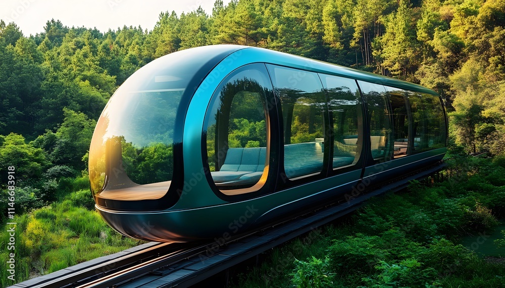 Fototapeta premium A futuristic train gliding through lush greenery, showcasing the harmony between advanced technology and nature