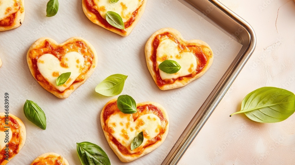 Heart-shaped mini pizzas with basil garnish on baking tray. The 14th of February. Happy Valentine's Day Heart-shaped mini pizzas with basil garnish on baking tray. The 14th of February. Happy Valentine's Day