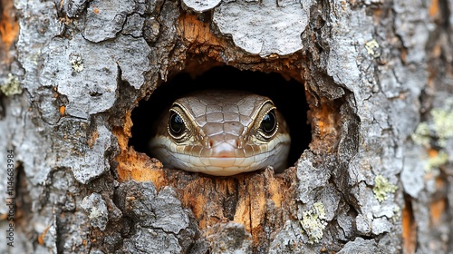 A detailed, high-definition image of a tiny baby lizard peeking out of a crack in a tree bark, with its curious eyes and textured skin in perfect focus. photo