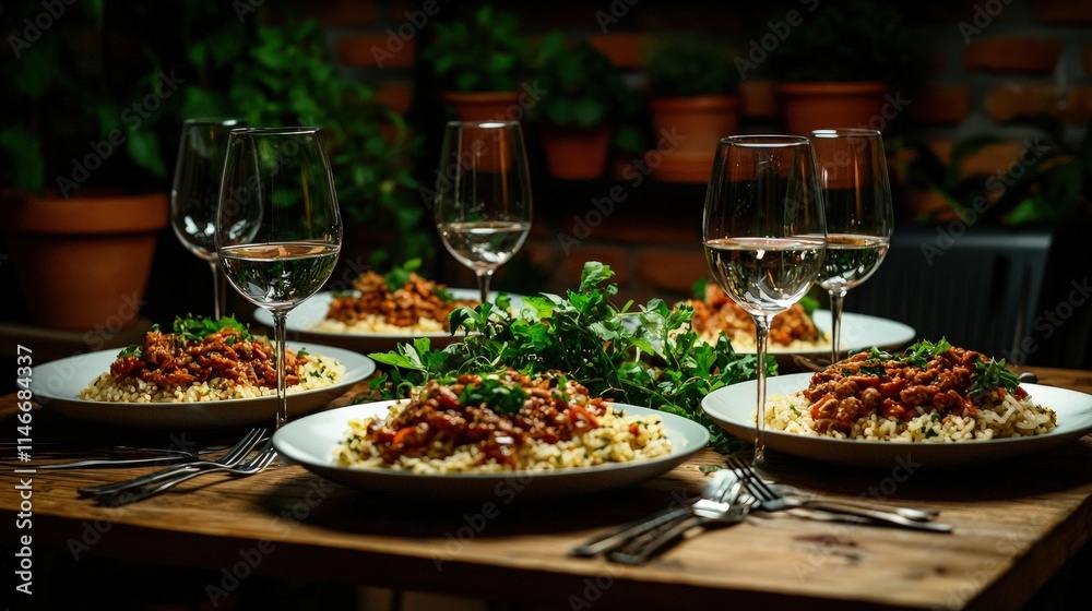 Rustic dinner table setting with pasta dishes and wine glasses. Rustic dinner table setting with pasta dishes and wine glasses.