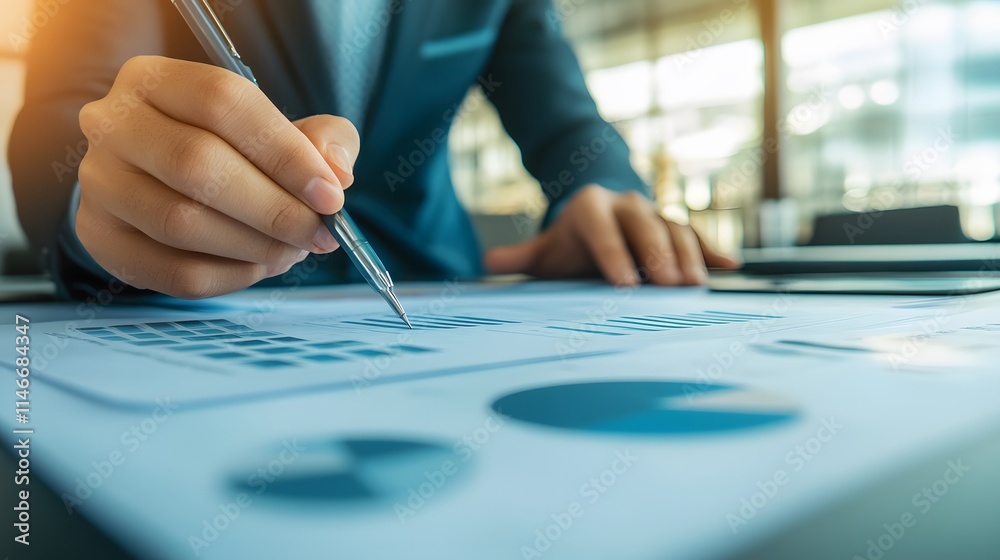 A professional hand analyzing graphs and charts on a document in a modern office setting. A focused approach to data-driven decision-making showcased in this image. A professional hand analyzing graphs and charts on a document in a modern office setting. A focused approach to data-driven decision-making showcased in this image.