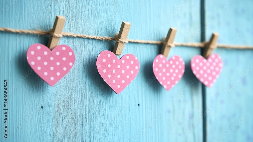 Fototapeta premium Pink polka dot hearts hanging on clothesline against blue wooden background. The 14th of February. Happy Valentine's Day