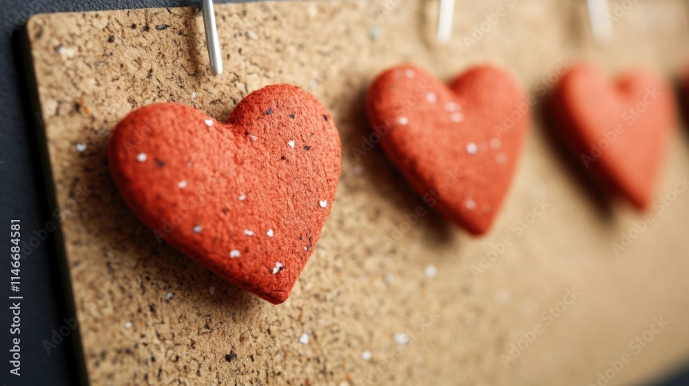 Obraz premium Three red heart-shaped decorations on corkboard with glitter in warm light. The 14th of February. Happy Valentine's Day