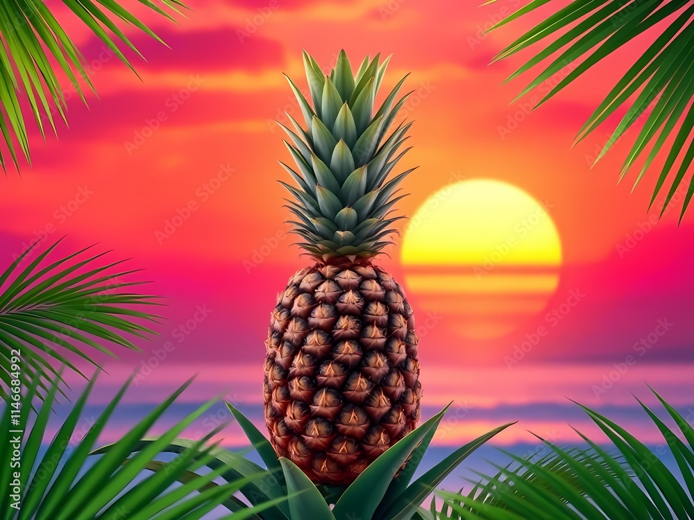 A pineapple on beach with palm leaves and beautiful gradient of sunset, tropical themed, backgrounds