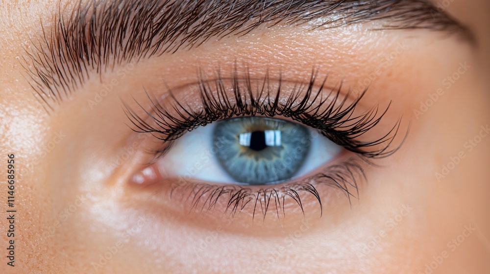 Obraz premium Close-up of a woman's beautiful blue eye with long, dark eyelashes.