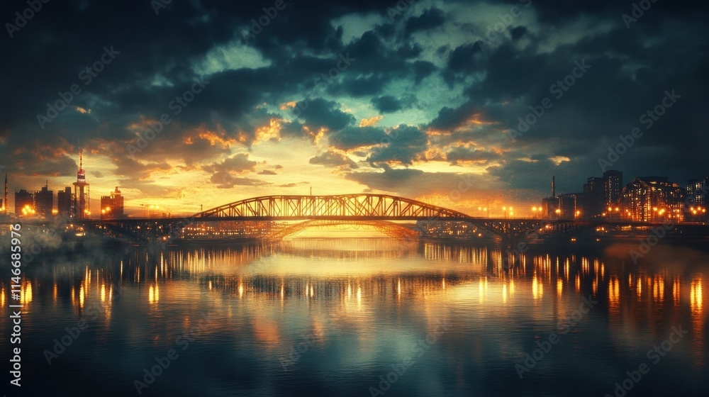 cityscape at sunset with bridge reflection cityscape at sunset with bridge reflection