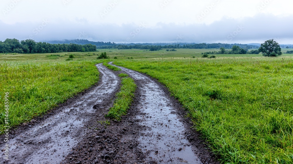 Muddy dirt road winding through a green field on a cloudy day. Muddy dirt road winding through a green field on a cloudy day.