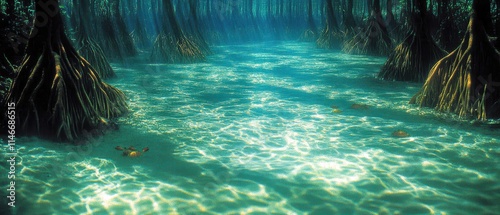 A pristine mangrove forest with roots rising out of crystal-clear waters, where conservationists are replanting mangroves to combat coastal erosion. Birds and crabs scuttle around, highlighting 